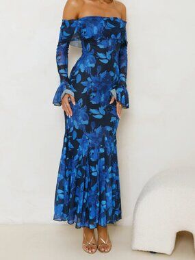 Style Supreme Off Shoulder Mesh Maxi Dress Blue
